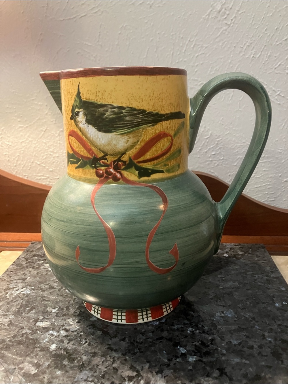 Lenox Winter Greetings Green Pitcher with Yellow Bird Panel and Red Ribbon Detai